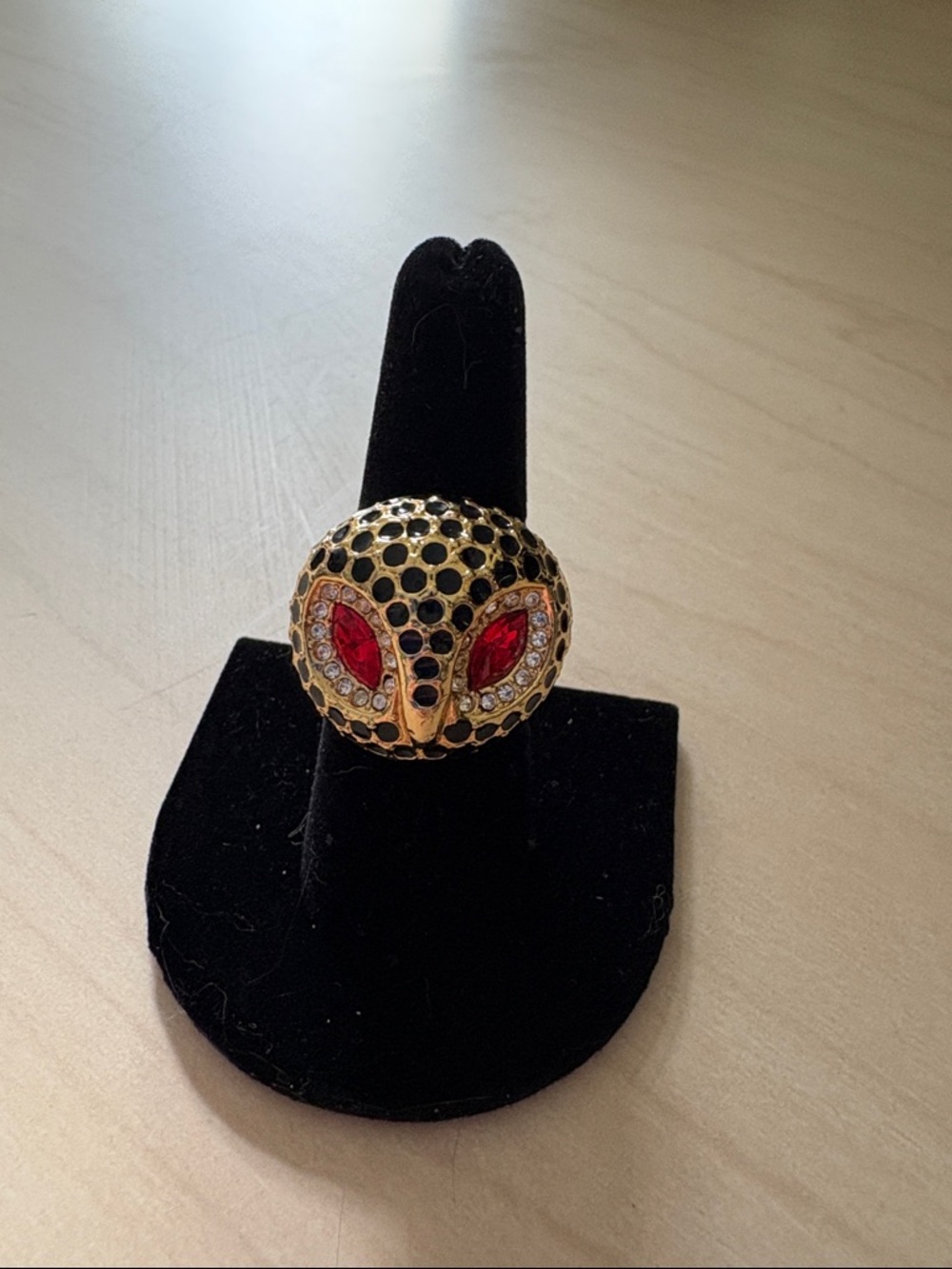 Gold-Tone Owl Statement Ring with Red Crystal Eyes